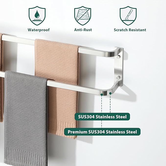 Towel Racks for Bathroom 16.2 Inch, SUS304 Stainless Steel Rustproof Double Towel Bars Wall Mount, Heavy Duty Towel Holder for Bathroom Laundry Room Hotel Modern Home Decor