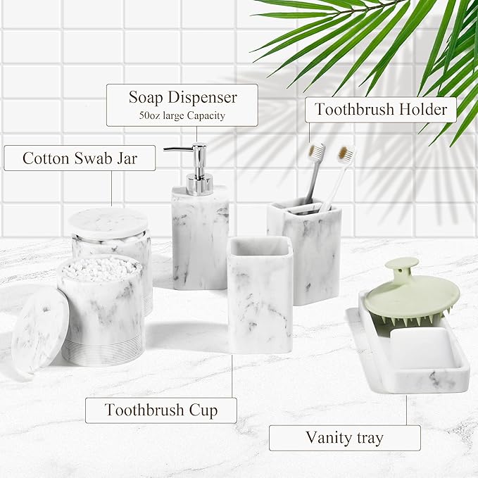 YMXYJM Bathroom Accessories Set, 6 Piece Bathroom Set with Toothbrush Holders, Soap Dispenser, Vanity Tray, Tumbler, Cotton Swab Jars, Bathroom Organizer，Bathroom Sink Sets, Artificial Marble White