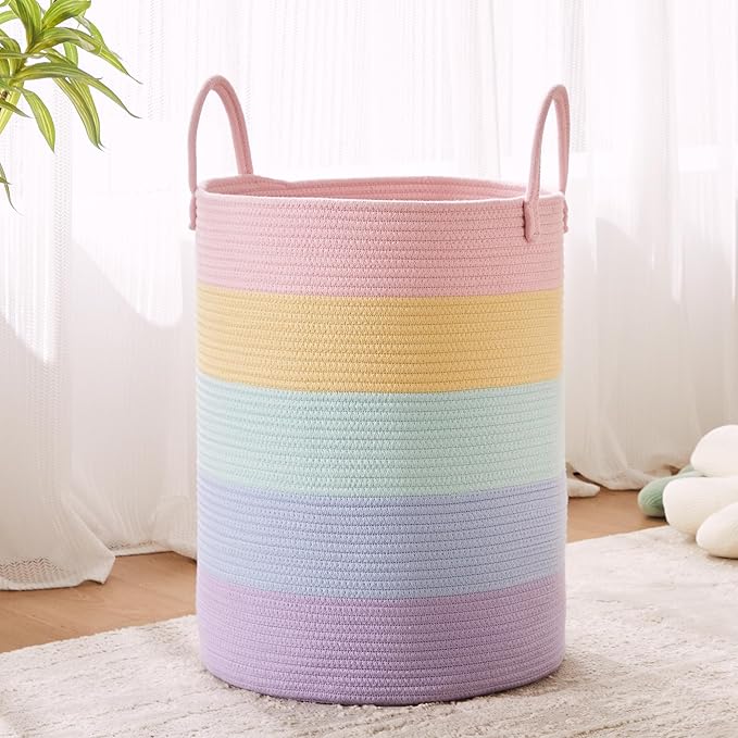 15Dx20H inches Baby Girls Kids Hamper Rainbow Laundry Basket for Nursery Clothes Pastel Unicorn Woven Hamper in Playroom Bedroom 60L Large Tall Blanket Basket