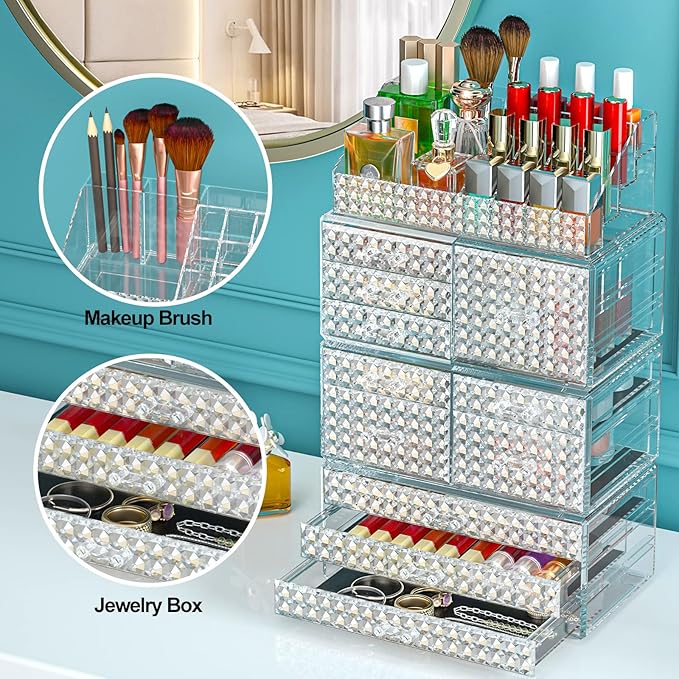 Awenia 4 Pack Stackable Makeup Organizer[Upgraded],Acrylic Cosmetics Storage Large Capacity with 11 Drawers For Brush Holder,Perfume or Jewelry Display,Plus Size| Ship from USA(Clear)