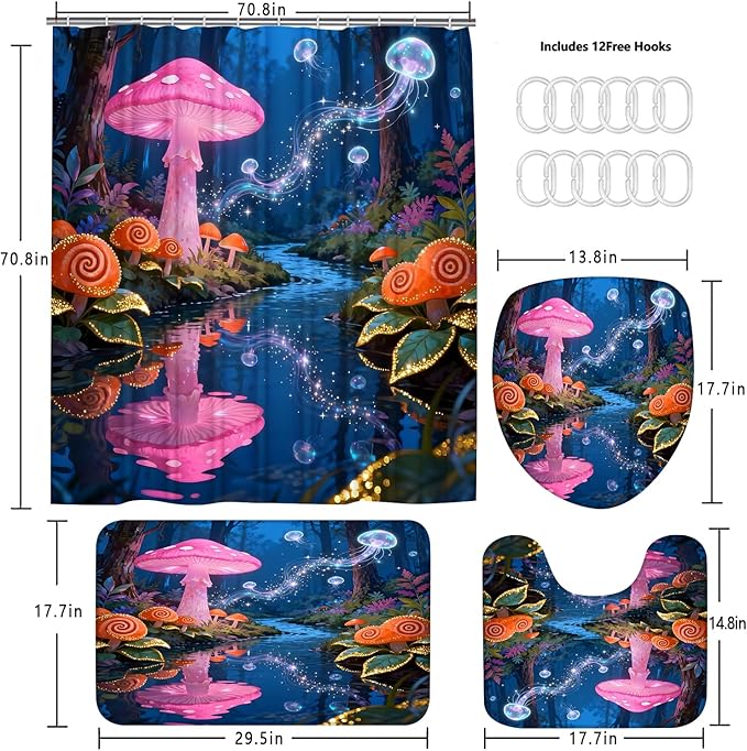 jieprom 4 Piece Blue and Pink Shower Curtain Set with Rugs, Magical Mushroom & Glowing Jellyfish Art, Surreal Forest Aesthetic Bathroom Decor, Waterproof Fabric with Non-Slip Mats & Toilet Lid Cover