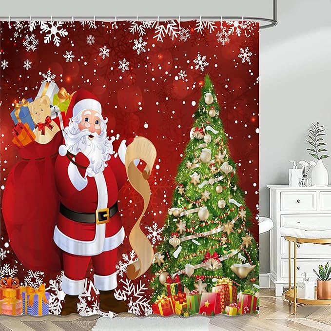 NBVKO 4PCS Christmas Santa Claus Snow Red Shower Curtain,with Non-Slip Rugs,Toilet Lid Cover and Bath Mat,Christmas Tree Bathroom Shower Decor Accessory Set
