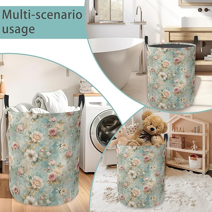 Laundry Hamper Foldable Oxford Cloth Vintage Flowers Laundry Basket With Handle Portable Clothes Storage Organizer Basket Storage Bag For Laundry Room/Bedroom/Bathroom