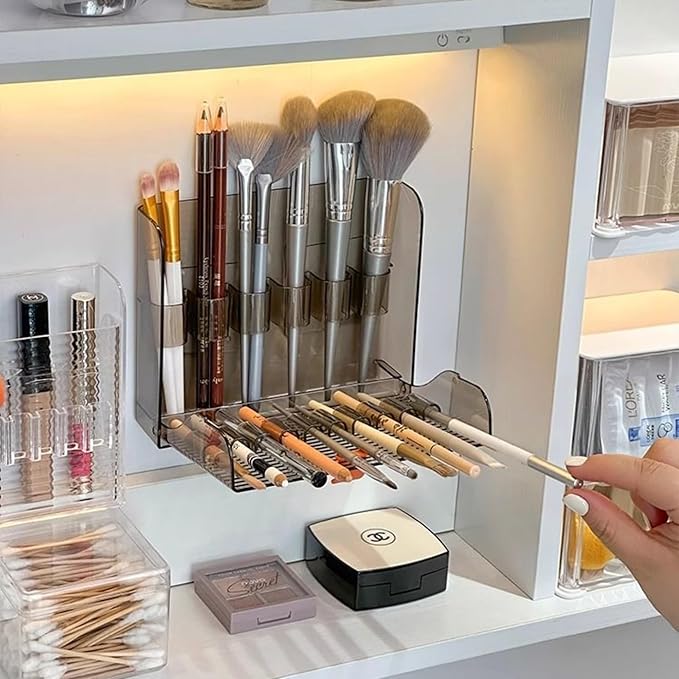 Wall-Mounted Makeup Organizers, 16-Slot Eyeliner Lip Liner Organizer Holder, Open Easy-Access Design, Space-Saving Bathroom Makeup Brush Storage Rack, Transparent Brown