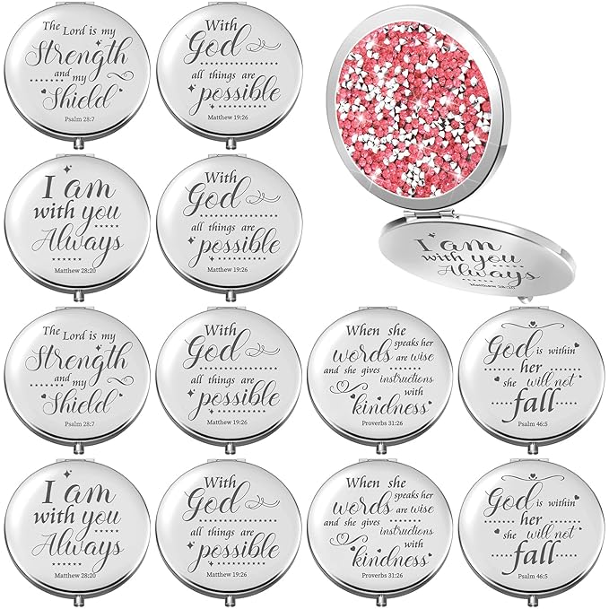 Thyle 12 Pcs Christian Compact Mirror Gifts for Women Mother's Day Nurse Week Bible Verse Wallet Mirror Bulk Hand Makeup Compact Religious Baptism for Holy Communion Teacher(Same,Pink)