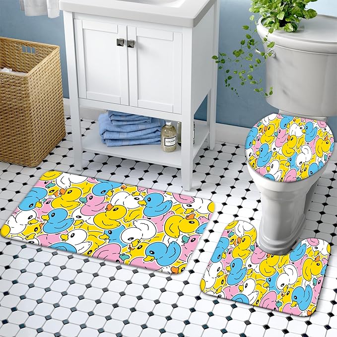 Lnond 4 Pcs Kids Bathroom Shower Curtain Set, Colorful Duck Bathroom Sets for Kids Bathroom Decoration with Shower Curtain, Non Slip Bathroom Rugs, Toilet Lid Cover, U Toilet Mat and 12 Hooks