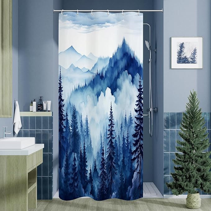 Navy Blue Small Stall Misty Pine Forest Shower Curtain 36 x 72, Mountain Foggy Woodland Scenery Tree Narrow Half Size Shower Curtains for Bathroom, Abstract Waterproof Nature-Themed Decor