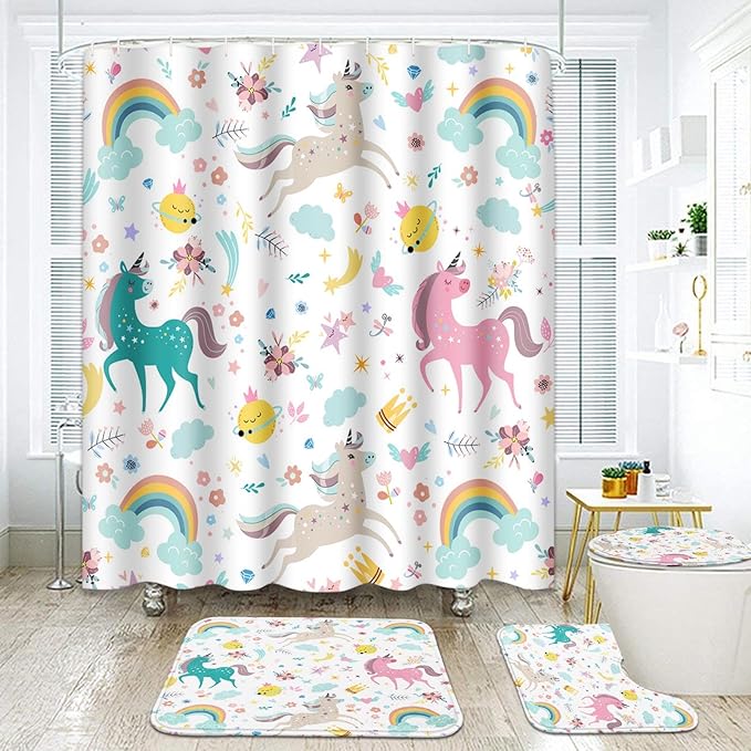 ArtSocket Unicorns Rainbow Bathroom Set with Shower Curtain and Rugs Accessories Cute Cloud Fun Girl Shower Curtain Set Kids Abstract Colorful Creative Vintage Bathroom Decor 4 Pcs