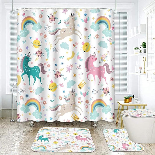 ArtSocket Unicorns Rainbow Bathroom Set with Shower Curtain and Rugs Accessories Cute Cloud Fun Girl Shower Curtain Set Kids Abstract Colorful Creative Vintage Bathroom Decor 4 Pcs