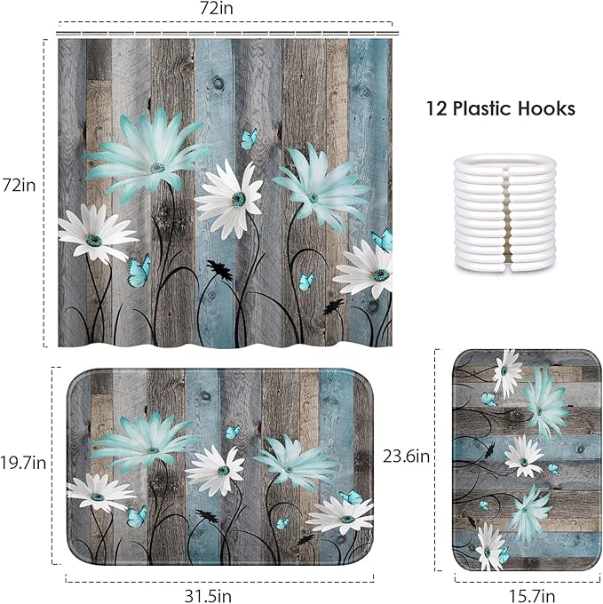 ArtSocket Teal Daisy Flowers Butterfly Bathroom Set with Shower Curtain and Bath Rugs and Accessories,Wooden Boards Non-Slip Shower Curtain Set,Bathroom Decor 3 Pcs