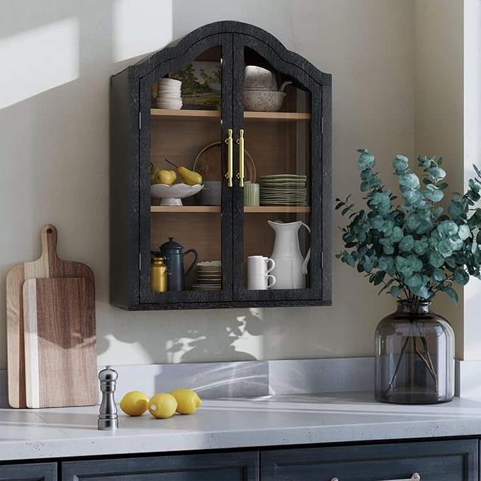 Furnaza Black Arched Wall Mounted Cabinet, Display Medicine Cabinets with Tempered Glass Doors and Adjustable Shelf for Bathroom,Kitchen,Living Room