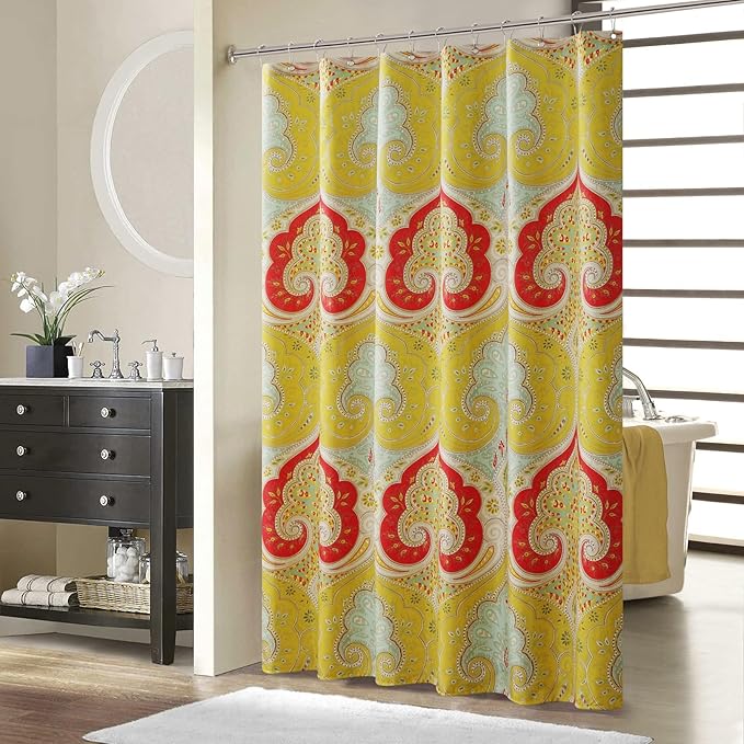 Long Fabric Shower Curtain, Gold and Red Printed Boho Paisley Pattern Shower Curtains for Bathroom, Waterproof Bathroom Curtains, 72" W x 78" H