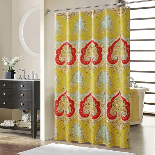 Long Fabric Shower Curtain, Gold and Red Printed Boho Paisley Pattern Shower Curtains for Bathroom, Waterproof Bathroom Curtains, 72" W x 78" H