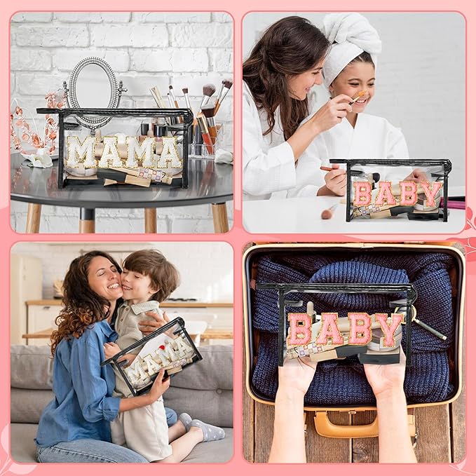 CY2SIDE MAMA Baby Bag Set - 2PCS Clear MAMA Letter Patch Makeup Bag with Handle for Travel Cosmetic Pouch for Toiletries Waterproof Travel Organizer Baby Reveal Gift Mothers Day Gift Black