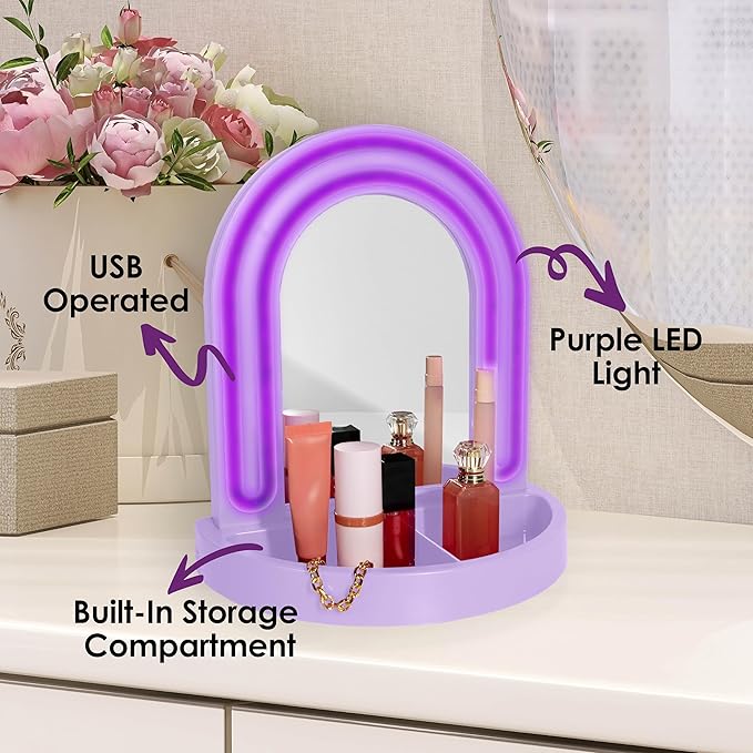 LED Vanity Mirror with Tray, for Desk, Dressing Table, Light Up Mirror for Makeup, Dorm Desk Vanity Mirror with Lights, Purple