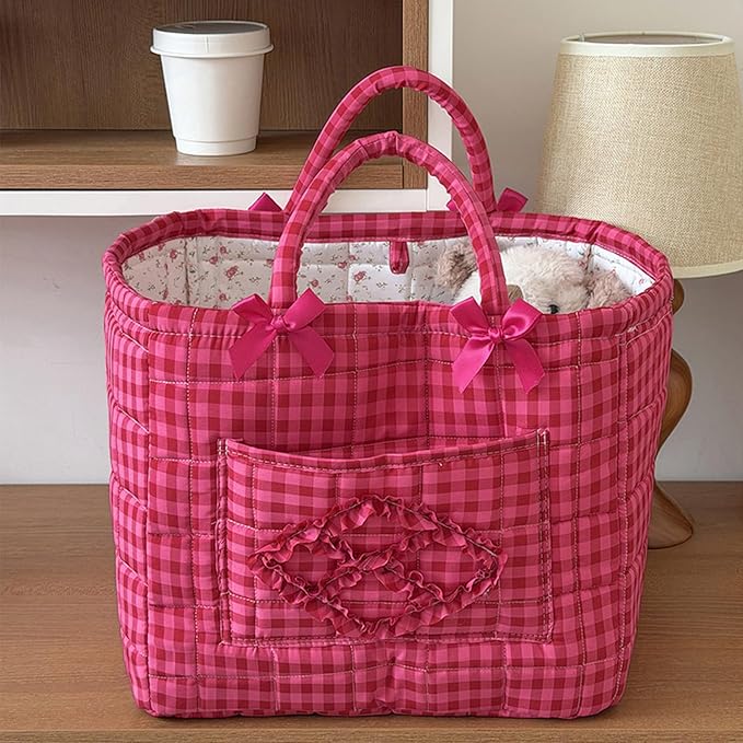 Quilted Fabric Basket Car Storage Basket Boho Floral Laundry Hamper for Nursery Bedroom & Living Room | Organize Clothes Toys (Hot Pink Gingham Check)