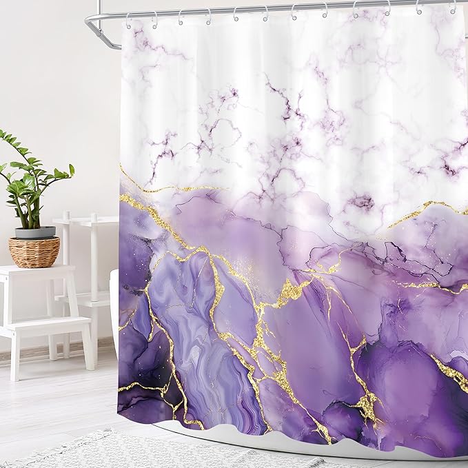 Cinbloo Purple Marble 72Wx72H Shower Curtain Abstract Modern Lilac Gold Cracked Lines Ombre Minimalist Elegant Contemporary Luxury Bathroom Curtain Set Aesthetic Bath Bathroom Accessories Decor