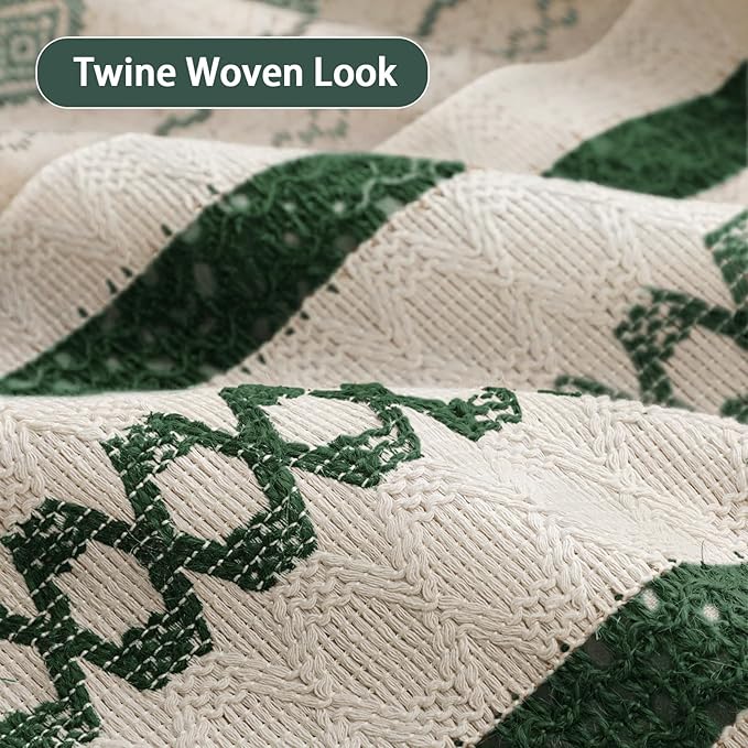 Dark Green Boho Shower Curtain for Bathroom, Linen Striped Print and Twine-Inspired Woven Center,72" W x 72" L