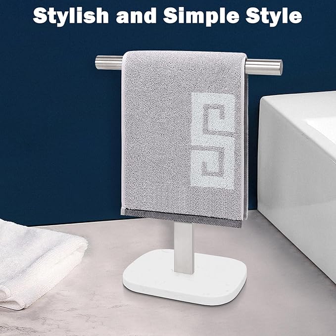 NearMoon T-Shape Hand Towel Holder-Bath Towel Rack-Standing with Balanced Base Towel Bar for Bathroom Kitchen Vanity Countertop, Modern Stand Towel Ring with Marble Base (14 Inch, Brushed Nickel)