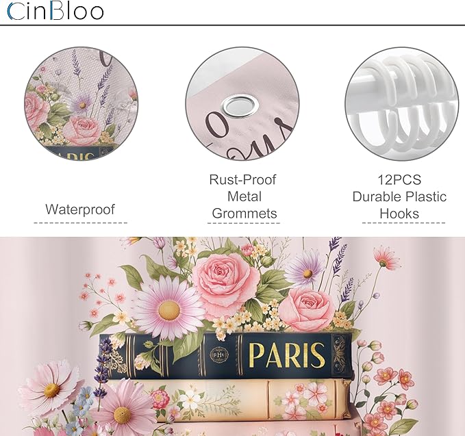 Cinbloo 4Pcs Pink Floral Shower Curtain Set, Fashion Flower Perfume High Heels Wildflower Girly Bathroom Curtain with Rug, Toilet Lid Cover, Bath Mat, Inspirational Quotes Shower Curtain with 12 Hooks