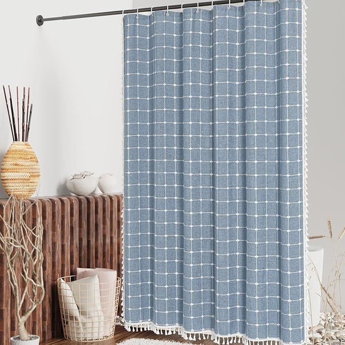 MitoVilla Boho Small Stall Shower Curtain 36 x 72, Blue Narrow Polyester Linen Fabric Shower Curtains for Farmhouse Bathroom Decor, Half Size Cloth Shower Curtain Set with Hooks
