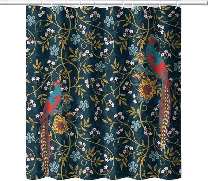 Rustic William Morris Art Print Waterproof Fabric Shower Curtain,Vintage Mid Century Boho Floral Bird Soft Hotel Quality Cloth Shower Light-Weight & Machine Washable - 72L x66W