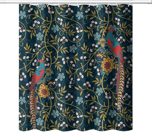Rustic William Morris Art Print Waterproof Fabric Shower Curtain,Vintage Mid Century Boho Floral Bird Soft Hotel Quality Cloth Shower Light-Weight & Machine Washable - 72L x66W
