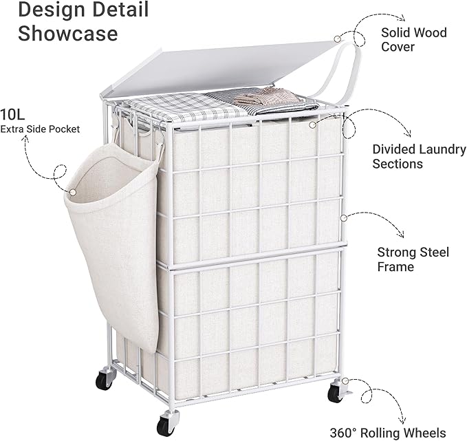 90L Laundry Basket with Wheels, Large Capacity Laundry Hamper with Removable Liner Bags, Heavy Duty Laundry Sorter with Solid Wood Lid & Leather Handles, White