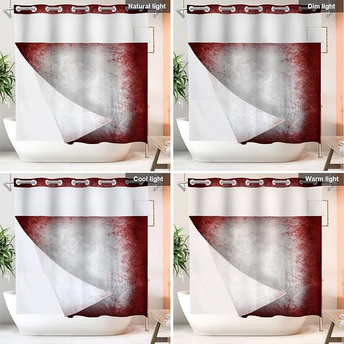 Shrahala Grey Abstract Tie Dye No Hooks Shower Curtain with Snap in Liner Set, Dark Red Modern Abstract Art Maroon Bathroom Décor Polyester Fiber Waterproof for Stall Bathtubs 71 X 74 in