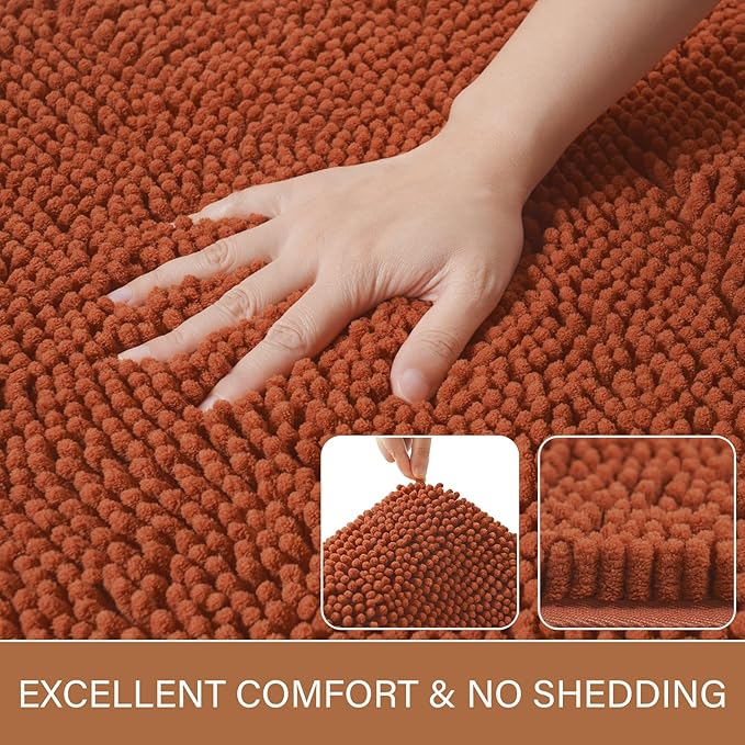 LOCHAS Luxury Bathroom Rug Shaggy Bath Mat 24 x 60 Inch, Washable Non Slip Bath Rugs for Bathroom Shower, Soft Plush Chenille Absorbent Carpets Mats, Burnt Orange