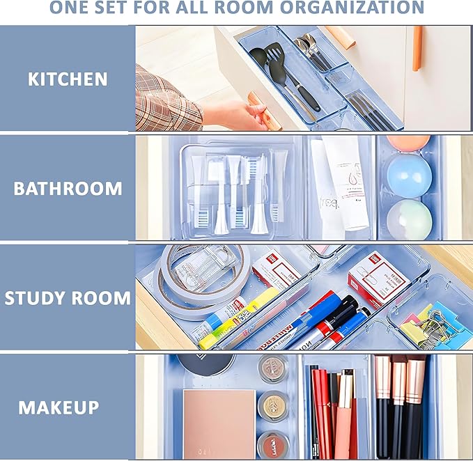 Kuber Industries 12 Pcs Acrylic Transparent Cosmetic Organizer Tray | Drawers Organisers for Kitchen, Office and Bathroom Vanity Makeup | Stationery Storage Drawer Divider Tray | Sea Blue