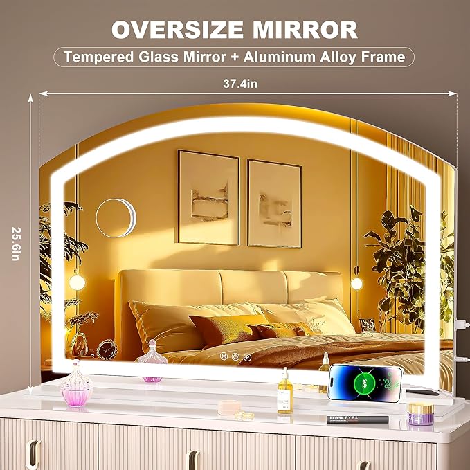 Hasipu Arch Vanity Mirror with Light, 36” x 24" Arched Led Makeup Mirror with 10X Magnification with USB Charging Port, Dimmable 3 Colors Mode