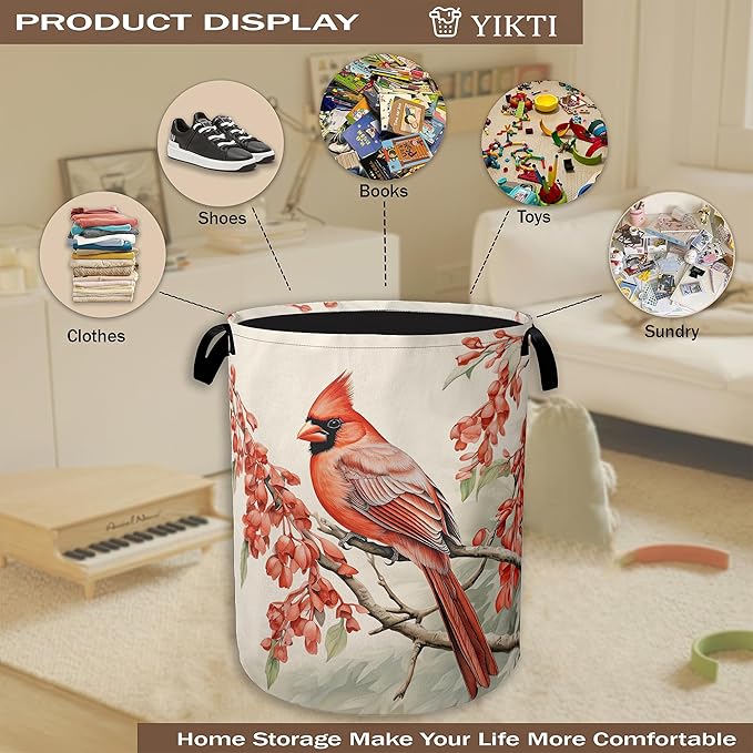 Vintage Cardinal Bird Laundry Hamper,Red Flower Collapsible Laundry Baskets,Waterproof Oxford Cloth Laundry Room Organization for Bedroom,Bathroom,Nursery,16x20 Inch
