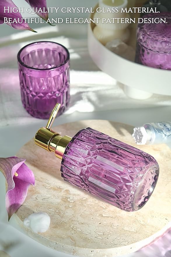 LaMarriti Purple Bathroom Accessories Set, 5Pcs Clear Glass Bathroom Decor Set, Soap Dispenser, Toothbrush Holder Set, Soap Dish, Qtip Holder, Tumbler for Vintage Crystal Bathroom Decor, Gift Set