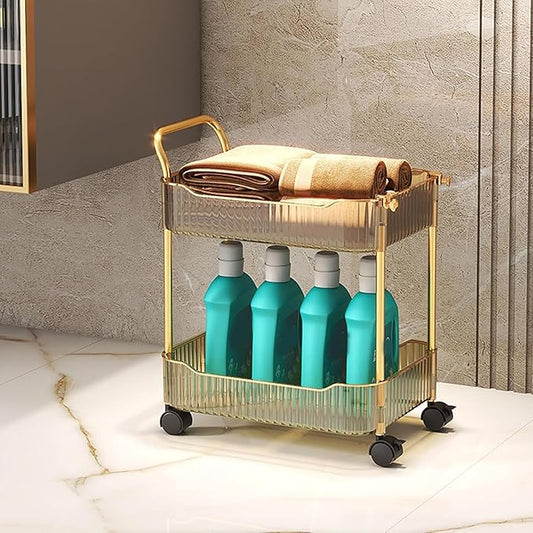 Acrylic Storage Trolley, Laundry Room Organization Mobile Shelves Bathroom Kitchen Rolling Utility Cart with Handle and Lockable Wheel(Gold,14.1x10.2x17.3inch)