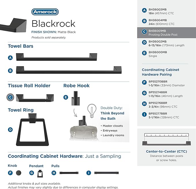 Amerock BH36001MB | Matte Black Pivoting Double Post Toilet Paper Holder | 9-5/16 in. (237 mm) Toilet Tissue Holder | Blackrock | Bath Tissue Holder | Bathroom Hardware | Bath Accessories