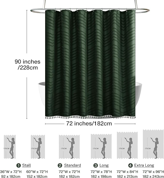 Extra Long Dark Green Boho Shower Curtain with Tassel, Woven Fabric 90 in, Tufted Chevron Striped, 72 x 90, Modern Chic Textured Minimalist Bathroom