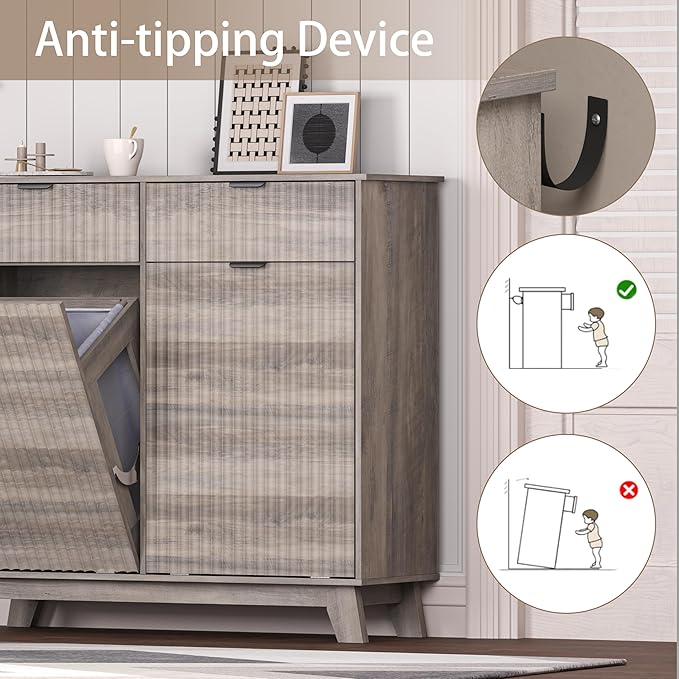 Wodeer Double Tilt Out Laundry Hamper Cabinet with 2 Drawers & Baskets, 20 Gallon Fluted Hidden Trash Can Cabinet, Farmhouse Wood Laundry Storage Cabinets for Bathroom, Kitchen, Grey