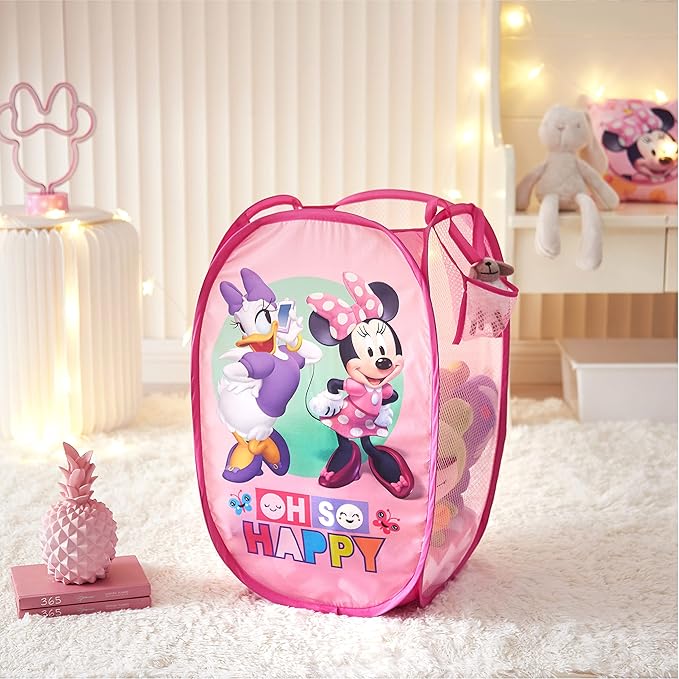 Disney Minnie Mouse Pop-Up Hamper,?€?Oh So Happy?€? Design, 21?€?H x 13.5?€?W x 13.5?€?L, Durable & Collapsible Laundry Basket with Carry Handles for Kids Room