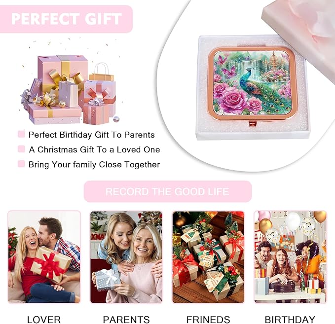 Small Compact Magnifying Mirror for Travel - Handheld, Foldable & Lightweight - Mini Pocket-Sized Magnified Mirror for Purse Rose Gold Peacock