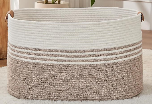 DOFASAYI Laundry Hamper - 72L Large Laundry Basket with Leather Handles, Decorative Storage Basket for Blankets - Clothes Hamper for Living Room, Bedroom, White & Light Brown