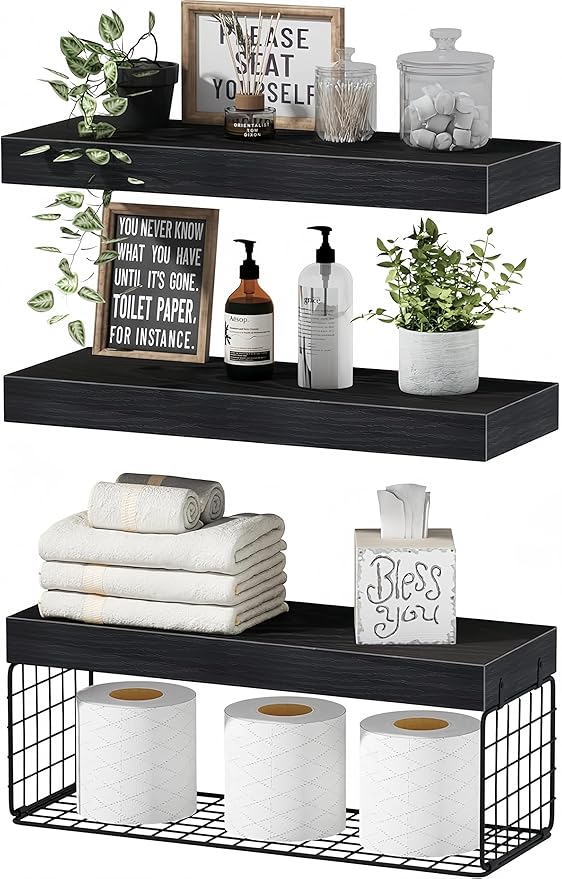 Bathroom Shelves Over Toilet - Heavy Duty Storage Rack, 25+ lbs Weight Capacity, Minimalist Design Wall Mounted Floating Shelves Toilet Paper Storage Farmhouse Decor Shelf 16 inch (Black, General, 3)