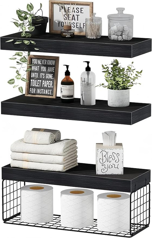 Bathroom Shelves Over Toilet - Heavy Duty Storage Rack, 25+ lbs Weight Capacity, Minimalist Design Wall Mounted Floating Shelves Toilet Paper Storage Farmhouse Decor Shelf 16 inch (Black, General, 3)