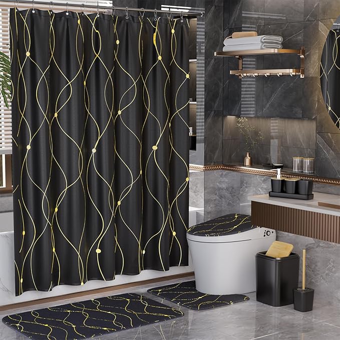 XLHOMO Black and Gold Bathroom Accessories Set - 24PCS with Shower Curtain, Rugs, and Waterproof Curtain Set