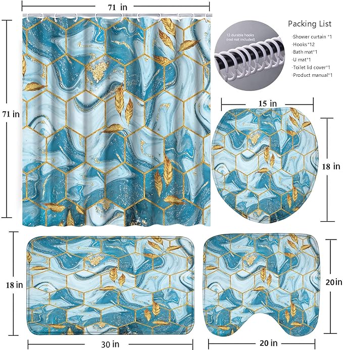 Poedist Shower Curtain Set with Rugs,Bathroom Accessory Set, Including Non-Slip Rugs,Toilet Lid Cover and Bath Mat, Waterproof Shower Curtain with 12 Hooks,Blue and White Honeycomb Marble