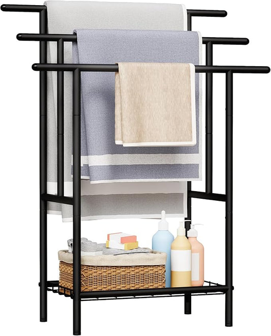Free Standing Towel Racks for Bathroom, 3-Layer Towel Drying Rack with Storage Rack, Black Metal Pool Towel Rack Outdoor, 12" W x 25.8" L x 39.4" H, UXJMJ002B