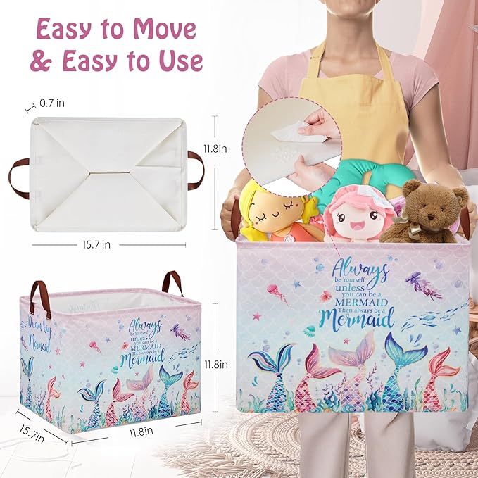 Mermaid Nursery Decor Hamper Pink Laundry Hamper Ocean Fish Animal Baby Girl Gift Basket ,Kids Storage Box Cute Beach Towel Pool Clothes Book Toy Bin,Boo Basket for Halloween