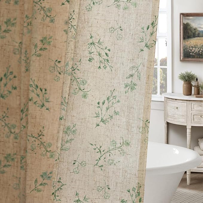 Sage Green Floral Vintage Linen Shower Curtain, French Country Shower Curtains for Bathroom, 72Wx78H