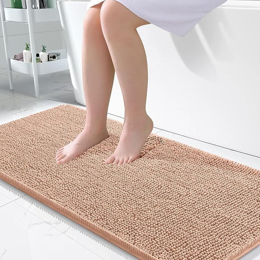 OLANLY Bathroom Rugs 47x24, Extra Soft Absorbent Chenille Bath Rugs, Rubber Backing Quick Dry, Machine Washable Bath Mats for Bathroom Floor, Tub and Shower, Home Decor Accessories, Peach