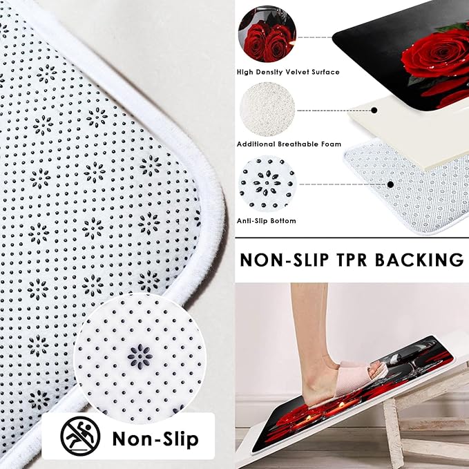 Britimes 4 Piece Shower Curtain Sets, with 12 Hooks, Red Wine Rose with Non-Slip Rugs, Toilet Lid Cover and Bath Mat for Bathroom Decor Set, 72" x 72"